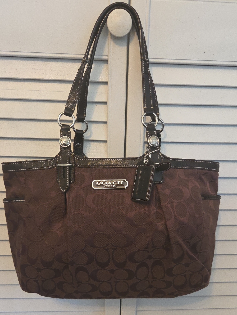 COACH Brown Signature Jacquard Tote with Leather Trim